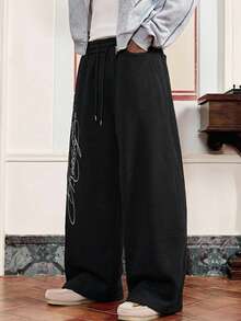 SWAVVY 男士休闲宽松黑色刺绣运动裤，松紧腰带，春秋季款 - 黑色 - 查看 3