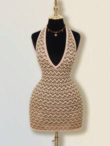 SHEIN ICON Vestido mini con escote en V profundo, sin espalda y cuello halter a rayas - Multicolor - Ver 3