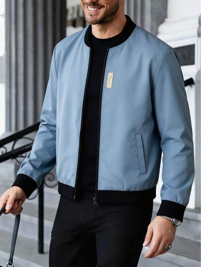 Manfinity Homme Men's Baseball Collar Zip-Up Casual Versatile Daily Wear Long Sleeve Jacket