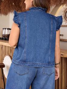 EMERY ROSE Plus Size Women Casual Loose Comfortable Mid-Blue Denim Sleeveless Jacket - Medium Wash - View 2