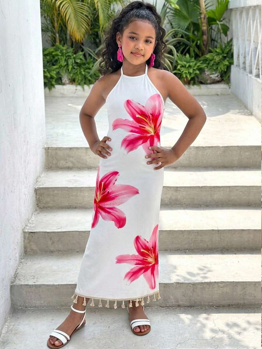 SHEIN 少女针织碎花图案修身无袖连衣裙 - 白色 - 查看 1