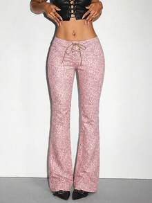 Jeanoix Quần jeans ống loe dáng casual họa tiết da báo thắt eo dành cho nữ - Hồng - Xem 1