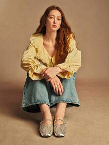 Rosivie 女士休闲编织方头舒适玛丽珍平底鞋 - 金色 - 查看 5