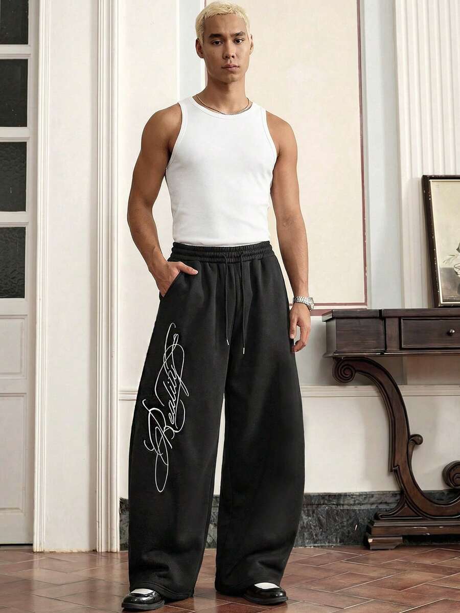 SWAVVY Men's Casual Loose Fit Black Sweatpants With Embroidery, Elastic Waist, Spring/Autumn - Black - View 1