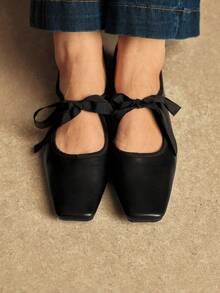 Rosivie 法式方头蝴蝶结玛丽珍鞋复古女鞋真皮平底低帮小皮鞋时尚奶奶鞋 - 黑色 - 查看 5