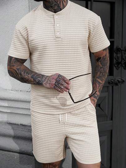 Manfinity CasualCool Men's Button-Up Half Placket Short Sleeve T-Shirt And Drawstring Waist Shorts Casual Set