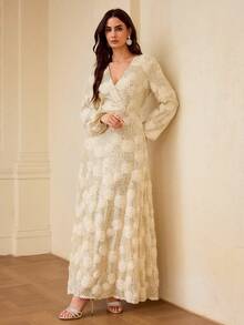 ZEYLAH Women's New Arrival Heavy Beaded Embroidered Fabric Luxury Professional Elegant Long Dress - Apricot - View 6