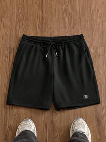 SWAVVY Men's Letter Print Round Neck Short Sleeve T-Shirt And Drawstring Waist Shorts Casual Set, Mens Casual Short Set - Black and White - View 5