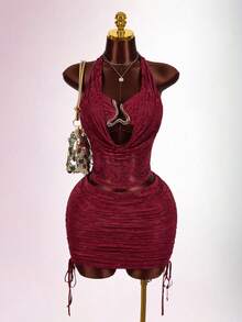 Amplova 2026 New Lace Two Pieces Top & Lace Mini Dress Set, Suitable For Dates And Parties - Burgundy - View 6