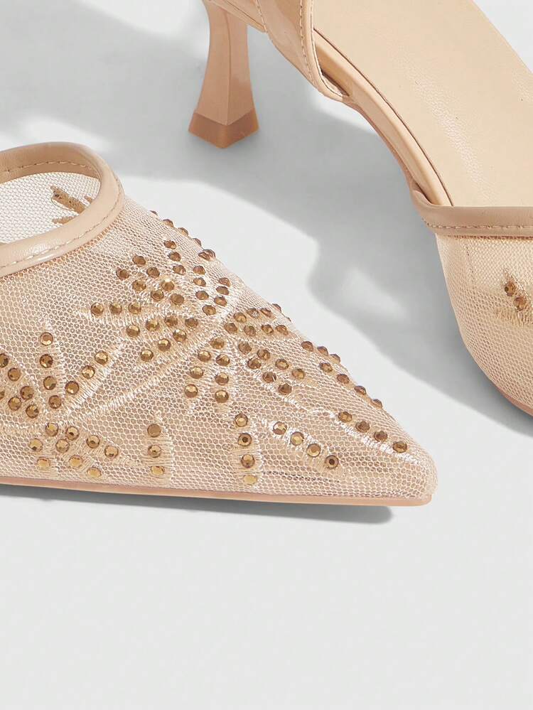 CUCCOO SZL Pointed Breathable Mesh Embroidery Rhinestone Hollow Fashion Sexy Temperament Versatile Sexy Fairy Banquet Apricot High Heels Spring Shoes