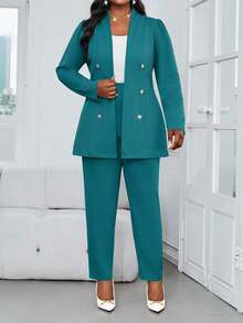 SHEIN Lady Bộ đồ công sở cỡ lớn mùa thu đông thanh lịch màu xanh công tước, cổ đứng, cúc vàng, tay dài, phối hợp màu sắc trang trọng, bộ vest nữ công sở hai mảnh, trang phục công sở nữ, bộ đồ công sở sang trọng cho nữ, bộ đồ công sở thường ngày hai mảnh cho nữ, trang phục công sở thường ngày cho nữ. - Màu xanh ngọc - Xem 7
