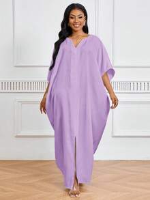 SHEIN Lady 假日连衣裙 大码白色短袖女式睡袍 宽松垂坠假日新娘送礼会礼服 沙滩女式高挑长款修身连衣裙 - 紫色 - 查看 5
