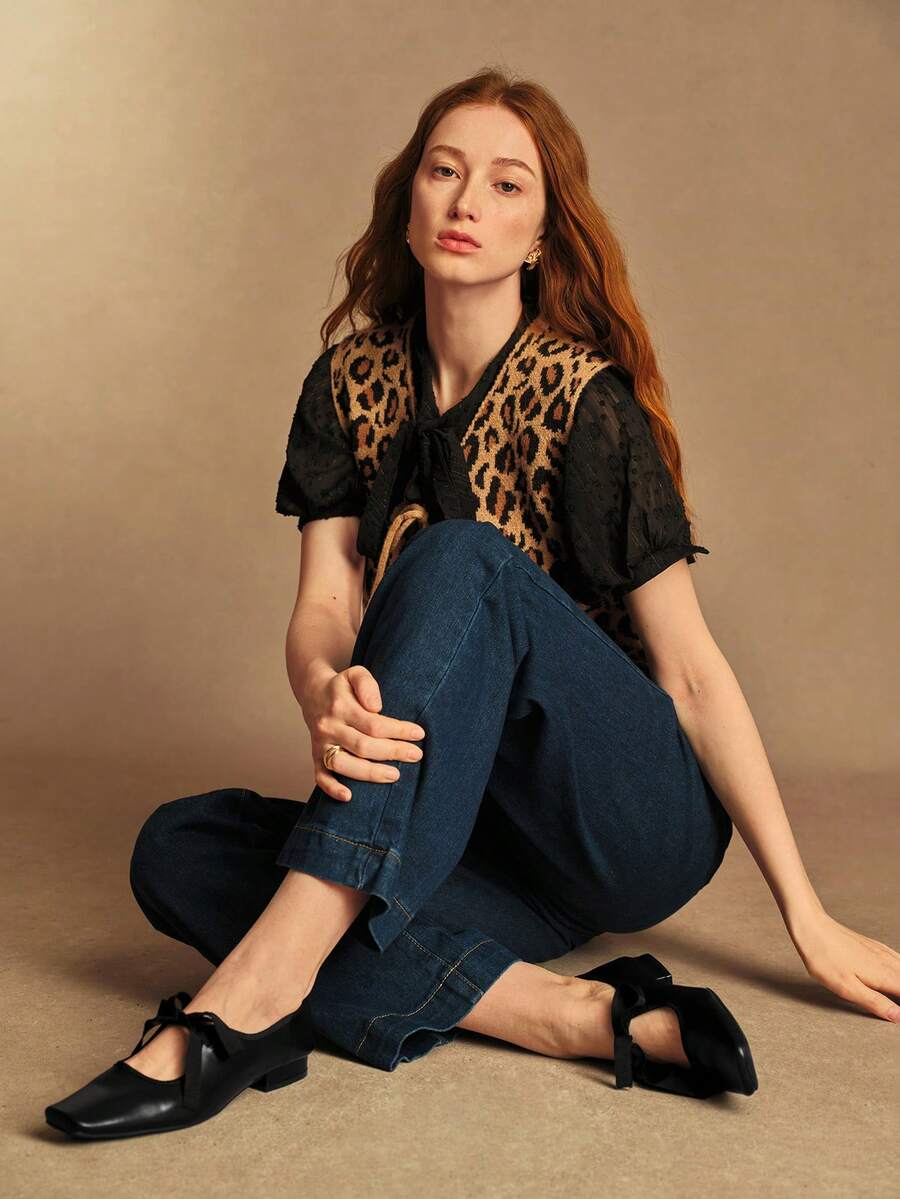 Rosivie 法式方头蝴蝶结玛丽珍鞋复古女鞋真皮平底低帮小皮鞋时尚奶奶鞋 - 黑色 - 查看 1