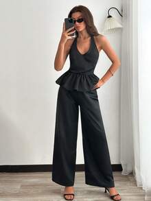 EURMUSE Women's Black Satin Two Pieces Set – Halter Peplum Top & Wide-Leg Pants - Black - View 6