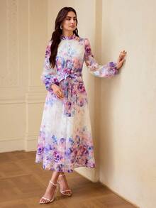 ZEYLAH Women's Elegant Hollow-Out Floral A-Line Waist Cinched Dress - Multicolor - View 7