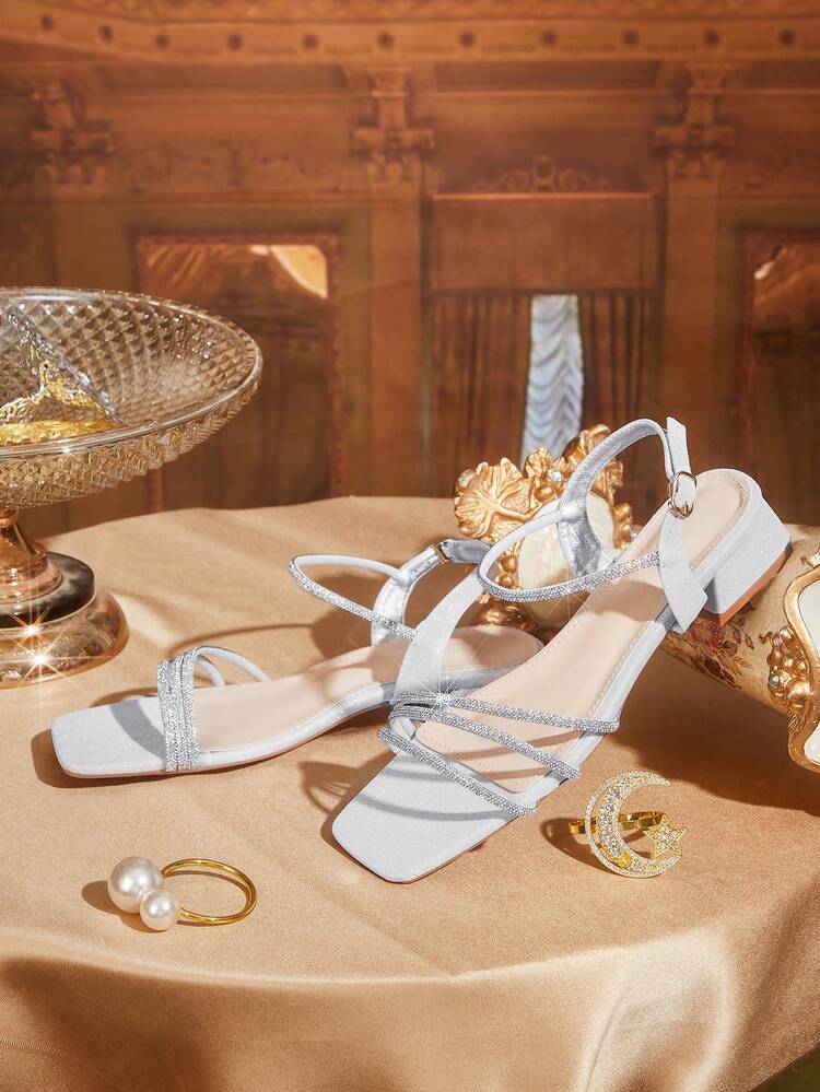 CUCCOO TILAWA Women's Square Toe Silver Rhinestone Decor Ankle Strap Low Heel Versatile Fashion Dress Sandals