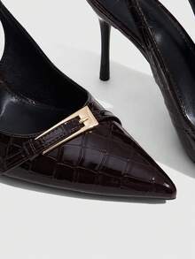 CUCCOO SZL 四季新款鳄鱼纹大纽扣尖头细跟凉鞋，金属纽扣后跟通勤鞋，红色内里高跟鞋，职场百搭女鞋 - 咖啡棕 - 查看 5