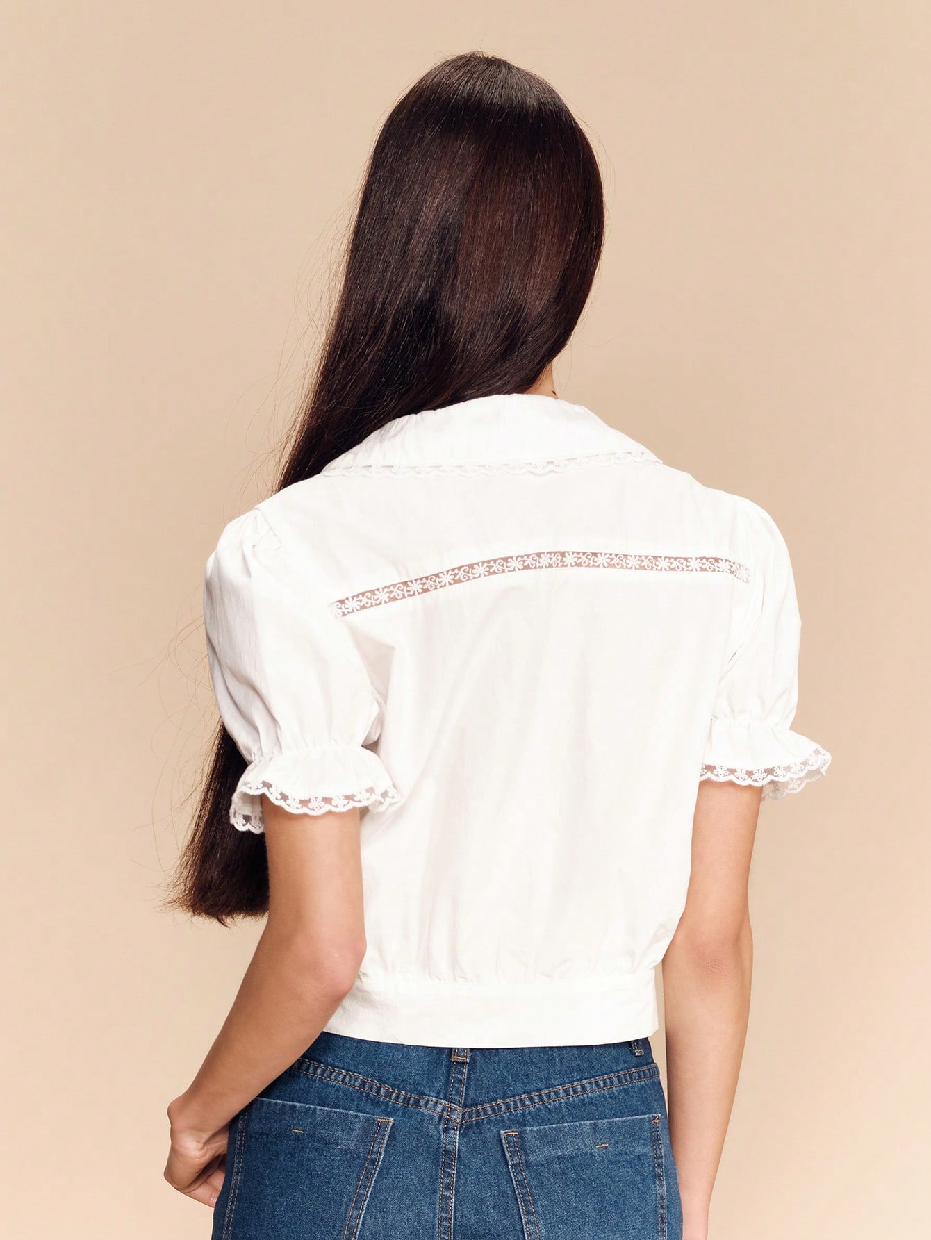 White Embroidered Puff Sleeve Cotton Blouse With Peter Pan Collar Floral Embroidery And Lace Trim Cute Vintage Spring Summer Top French Style Parisian Style Going Out Office Cotton Top
