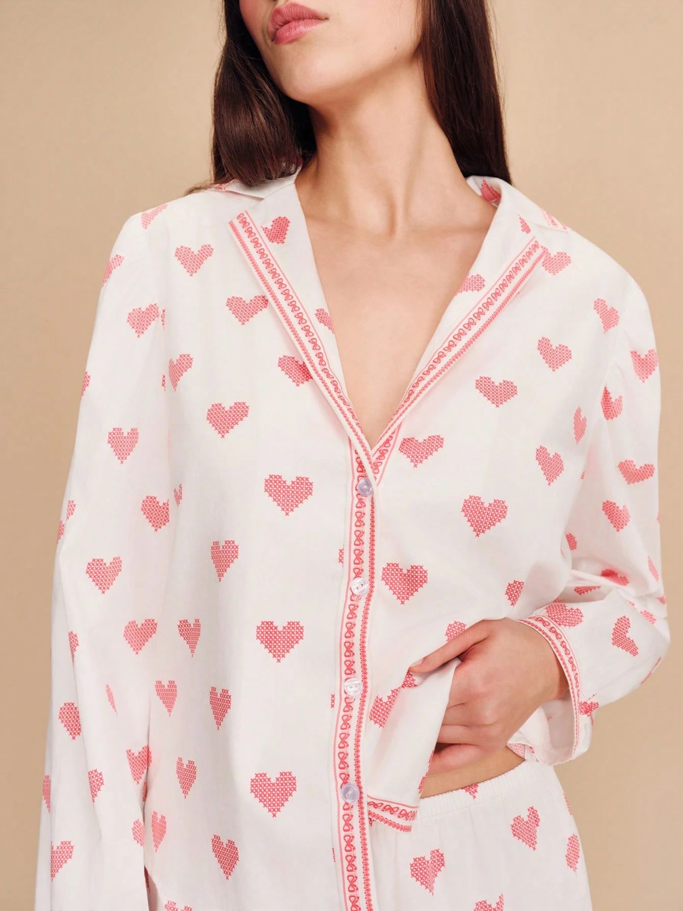 Red Heart Print Woven Cotton Pyjama Shirt And Matching Short Set Cute Vintage Romantic Cotton Sleepwear French Style Parisian Style Heart Pajama Set Pajamas Set For Woman Pajama Shirt For Women Women's Loungewear Women's Sleepwear Pajama Set For Women Women's Loungewear