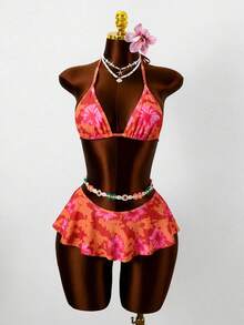 Swim Mod 2026 Orange Floral Spaghetti Strap Random Print Side Slit Jumpsuit Skirt Women's Bikini Swimwear 2-Piece Set - Multicolor - View 2