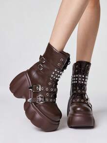 ROMWE Grunge Punk 女士高跟凉鞋~ 2026 新款时尚秋冬朋克风棕色 PU 圆头坡跟厚底铆钉金属扣前拉链小高跟骑马靴性感女孩踝靴 - 棕色 - 查看 3