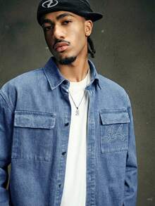 AXEPEAK 男士休闲水洗翻盖口袋牛仔夹克和牛仔裤套装，秋季 - 藍色 - 查看 4