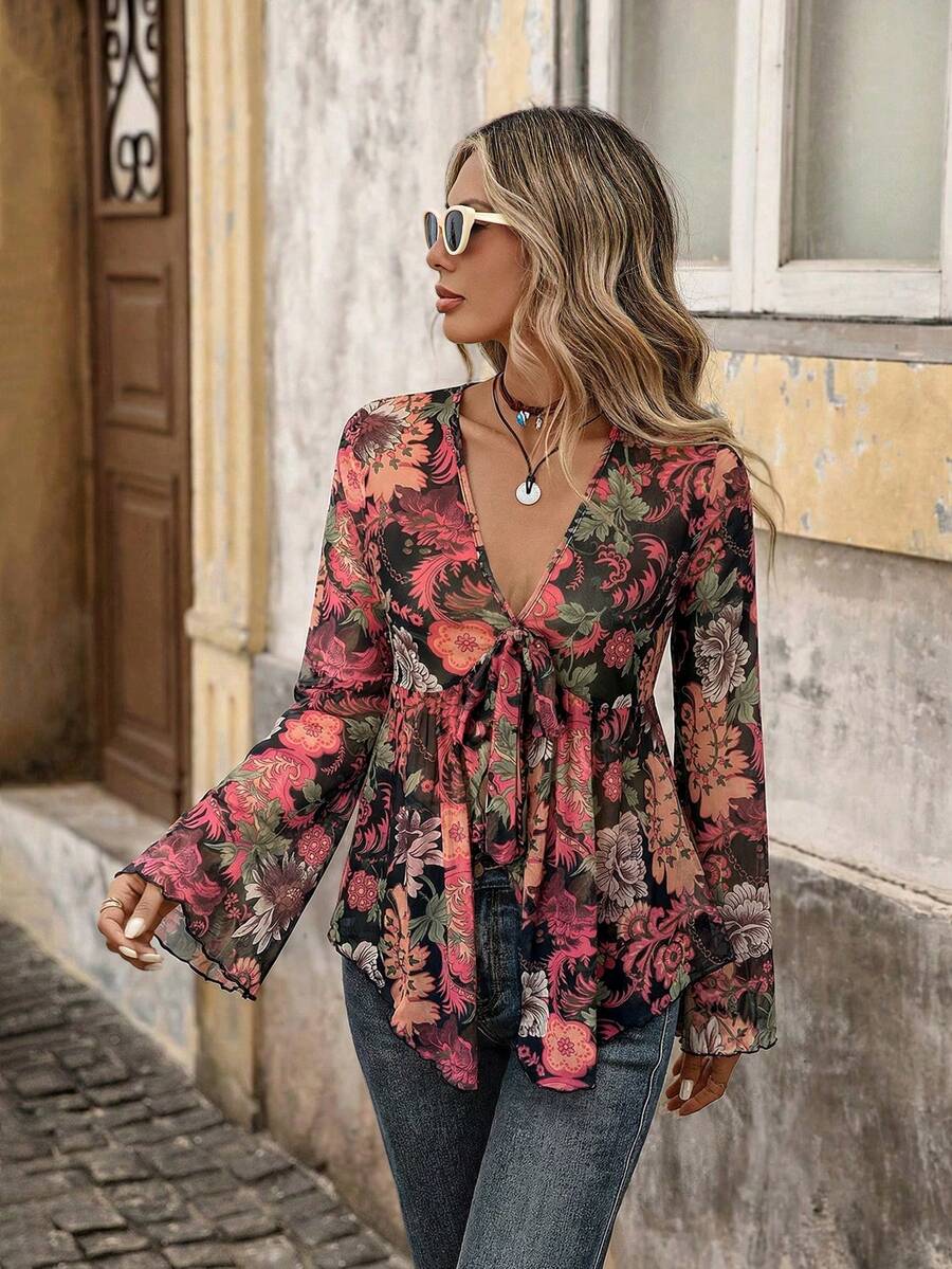 Brillora Paisley Print Mesh Long Sleeve Tie Front Asymmetric Hem Top For Women - Multicolor - View 1