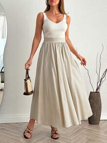 Women's Casual Flared Blue Maxi Dress With Pockets, Non-Stretchy Fabric - Beige - View 6