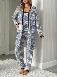 SHEIN Relax And Casual 3 Pieces Cottonline Pajama Set With Lace Detailed Cute Shawl Pattern - Blue and White - View 3