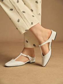 Rosivie Sandalias de mujer tipo Mary Jane de punta cuadrada, nuevas y cómodas, moda versátil de mujer con cierre de botón en T y fácil de poner - Blanco roto - Ver 3