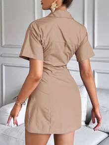 Aveloria Modichic Summer Solid Color Elegant Short Sleeve Dress With Folded Collar Dresses For Women Elegant  - Khaki - View 2