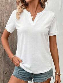 SHEIN 女士纯色V领短袖休闲百搭T恤 - 白色 - 查看 3