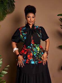 Maweii Women's Elegant Digital Print & Solid Color Splice Collar Bow Tie Waist Ruffle Hem Plus Size Short Sleeve Blouse, Suitable For Sisters' Gathering, Street Wear, And Commuting - Multicolor - View 3