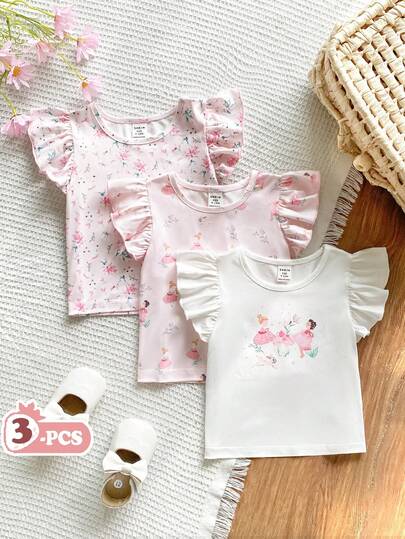 SHEIN Vintaside Kids Bộ 3 áo thun cổ tròn viền bèo in họa tiết nhiều màu sắc, chất liệu mềm mại, thoải mái, kiểu dáng dễ thương, thích hợp cho mùa xuân/hè.