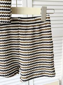 SHEIN Bộ đồ cho bé gái tuổi teen: Áo tank top không tay cổ tròn kẻ sọc và quần short, kiểu dáng rộng rãi, tối giản, thoải mái. - màu nâu - Xem 3