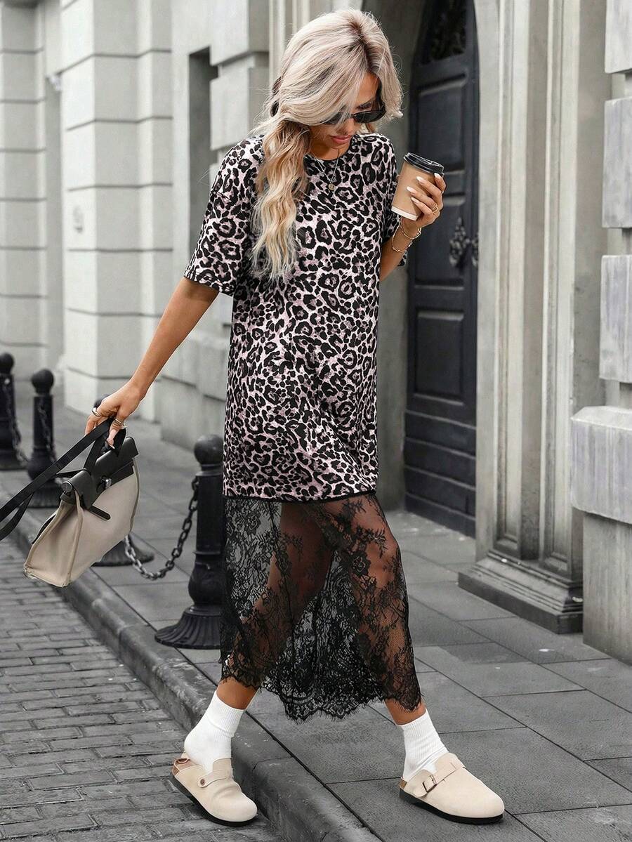 SHEIN LUNE 女士休闲豹纹蕾丝中长连衣裙 - 彩色 - 查看 1
