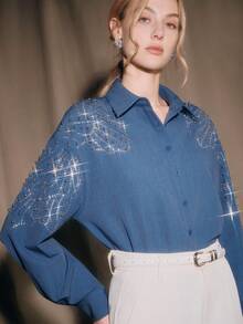 Anewsta Spring/Summer New Arrival Modern Fashion Embellished Rhinestone & Pearl Decor Women Elegant Blouse Rhinestone Shirt - Blue - View 2