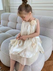 DAZY Young Girl Tulle Princess Dress Floral Decor Sleeveless Dress - Apricot - View 7
