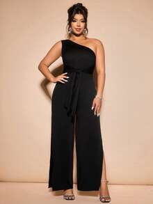 Cravure 加大码女式黑色牛奶丝高弹面料单肩收腰阔腿开衩连体裤，舒适百搭，适合春夏派对和聚会。 - 黑色 - 查看 5