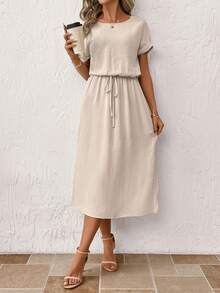 SHEIN Clasi 女士休闲舒适春夏中长连衣裙，优雅度假装 - 杏色 - 查看 6