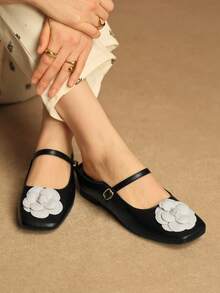 Rosivie 3D Floral Decor Square Toe Comfortable Casual Flat Shoes, Suitable For Daily Commute - Black and White - View 7