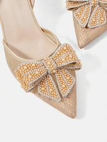 CUCCOO HITCHD Women Stylish Elegant Commuter Mesh Rhinestones Pearl Bows Decorative Pointed Pumps - Apricot - View 5