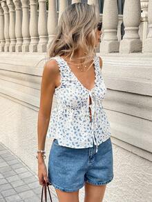 SHEIN PariChic Áo camisole nữ thanh lịch cổ tròn, xếp ly, thắt nơ, họa tiết hoa. - trắng - Xem 4