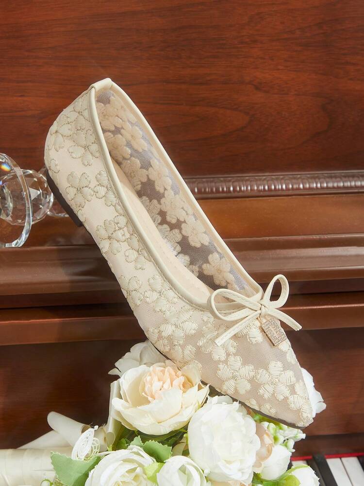 CUCCOO HITCHD Pointed Toe Mesh Breathable Bow Lace Ballet Shoes, Elegant Lady Versatile Beige Slip-On Shoes Wedding Shoes
