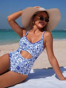 Swim Lushoire Women's Random Print Crisscross Hollow Out Shell Crochet Trim One-Piece Swimsuit, Spring/Summer - Multicolor - View 5