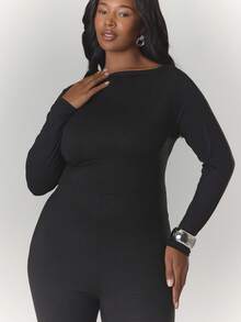 MUSERA Plus Size Off Shoulder Fitted Flared Long Sleeve Jumpsuit Sexy Elegant Date Night Spring Summer Vacation Evening Holiday - Black - View 5