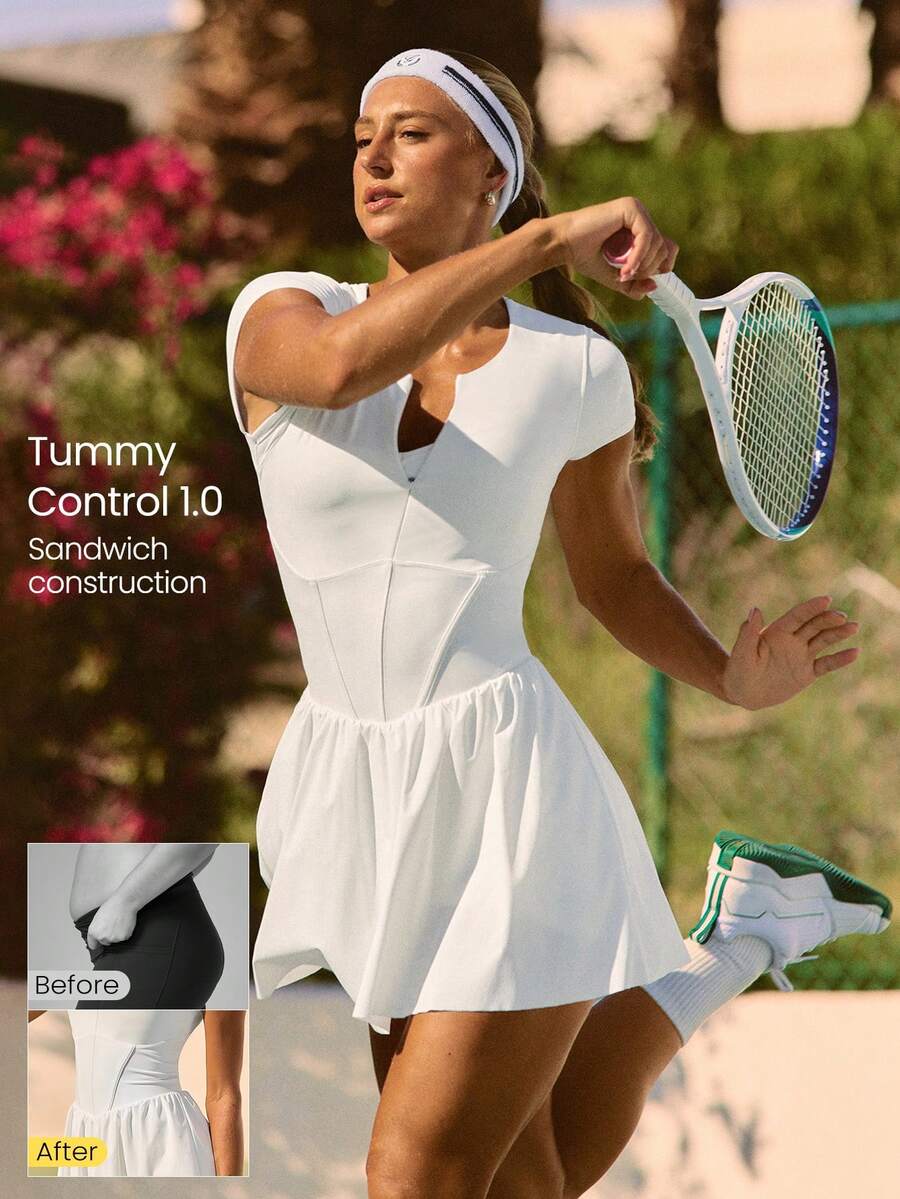 GLOWMODE Ace The Day Half-Zip Placket Tummy Control Built-In Shorts Cap Sleeves Side Pockets Anti-Slip Grips Tennis Dress Low Impact Tennis Golf Pickleball Daily Casual Wear
