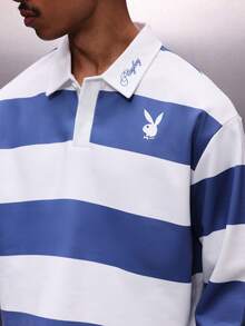 PLAYBOY X SUMWON Men's Long Sleeve Horizontal Striped Rugby Polo Shirt With Bunny Logo Regular Fit Collared Top Casual Wear - Blue and White - View 4