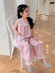 Dazy Kids Mono holgado de pierna ancha sin mangas con decoración de lazo y botones de media cartera para niña en verano - Rosa - Ver 7