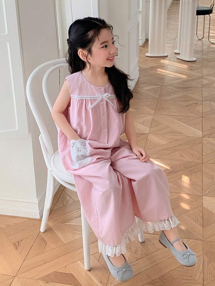 Young Girl Bow Decor Button Half-Placket Sleeveless Wide Leg Loose Jumpsuit Summer